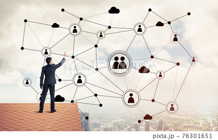 Businessman on house roof presenting networking and connection c Businessman on house roof presenting networking and connection c 76301651