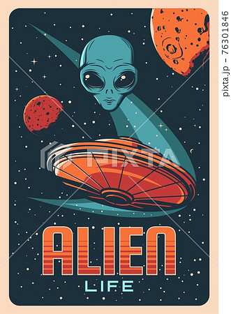 Alien head, space planets and ufo retro vector - Stock