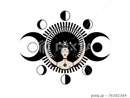 Wiccan woman icon, Triple goddess symbol of moon phases. Triple Moon Religious Wicca sign. Neopaganism logo. Lunar calendar cycles. New, Full Moon, Waning Crescent, First and Last Quarter. Vector 76302364