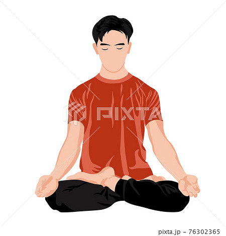 Yoga man vector stock illustration. Male meditation, the guy is sitting in the lotus position. Sports at home. Relaxation. Isolated on a white background. 76302365