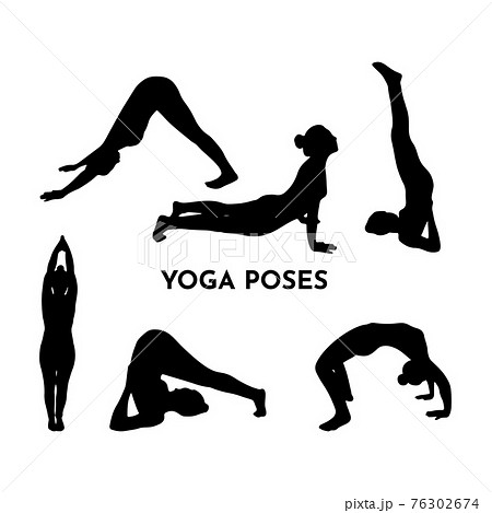 Set of yoga poses. Sport concept. Isolated icon of girl in various position. Vector woman silhouette. Template of logo, 76302674
