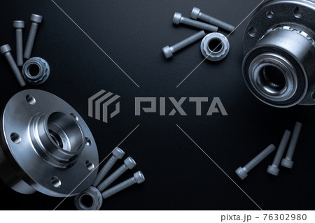 Car construct. Set of new metal car part. Auto motor mechanic spare or automotive piece isolated on black background. Automobile engine service with space for text. 76302980