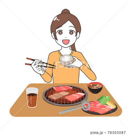 焼肉を食べる 女性のイラスト素材