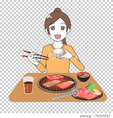 焼肉を食べる 女性のイラスト素材