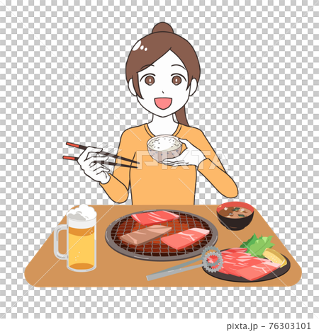 Beer woman eating yakiniku 76303101