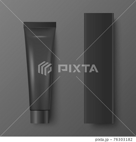 Vector 3d Realistic Plastic, Metal Black Tooth Paste, Cream Tube, Carton Packing Isolated on Black Background. Design Template of Toothpaste, Cosmetics, Cream, Tooth Paste for Mockup. Top View 76303182