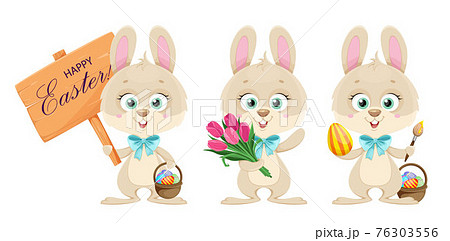 Happy Easter. Cute bunny, set of three poses. 76303556