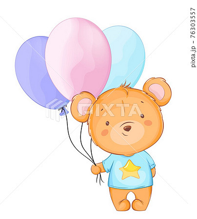 Cute little bear holding colored balloons 76303557