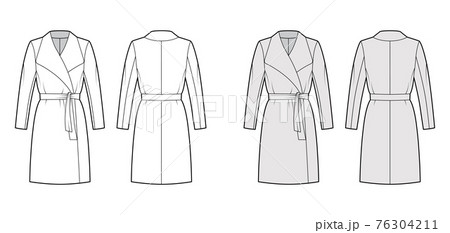 Wrap coat technical fashion illustration with tie, long sleeves, shawl lapel collar, oversized body, knee length. Flat 76304211