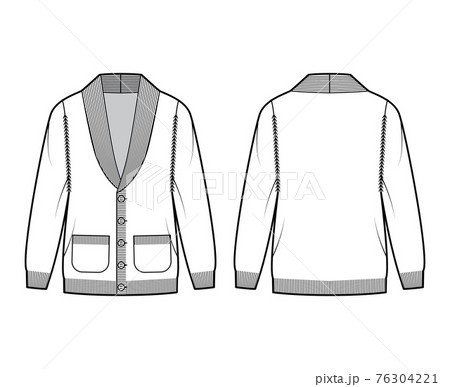 Cardigan Shawl collar Sweater technical fashion illustration with long sleeves, oversized, knit rib trim, button closure 76304221