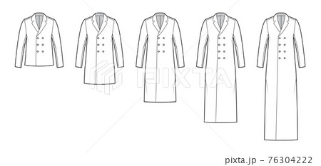 Set of coats technical fashion illustration with long sleeves, notched shawl collar, oversized body, double breasted. Set of coats technical fashion illustration with long sleeves, notched shawl collar, oversized body, double breasted. 76304222
