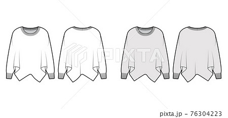 Sweater batwing sleeve technical fashion illustration with rib oval neck, oversized, hip length, knit trim. Flat garment Sweater batwing sleeve technical fashion illustration with rib oval neck, oversized, hip length, knit trim. Flat garment 76304223
