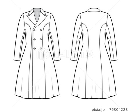 Princess line coat technical fashion illustration with double breasted, fitted body, peak lapel collar, knee length 76304228