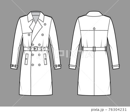 Trench coat technical fashion illustration with belt, double breasted, long sleeves, knee length, storm flap Flat jacket Trench coat technical fashion illustration with belt, double breasted, long sleeves, knee length, storm flap Flat jacket 76304231