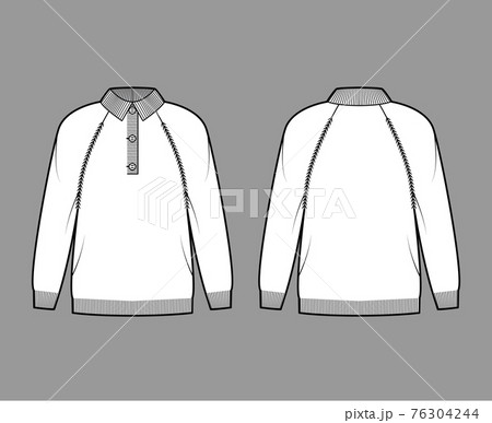 Polo Sweater technical fashion illustration with rib henley neck, long raglan sleeves, oversized, hip length, rib trim 76304244