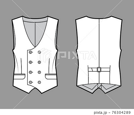 Double breasted vest waistcoat technical fashion illustration with sleeveless, button-up closure, flap pockets, fitted 76304289