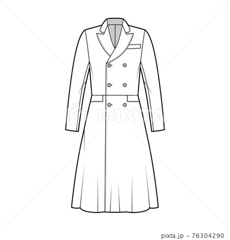 Frock coat technical fashion illustration with double breasted, fitted body, long sleeve, round collar peak, knee length 76304290