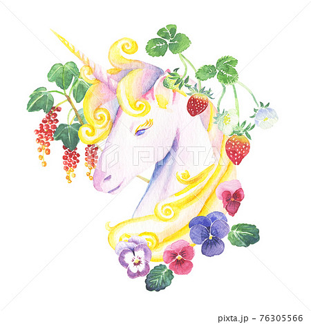 水彩画 魔法の森のベリーやお花に囲まれた神秘的なユニコーンのカットイラストのイラスト素材