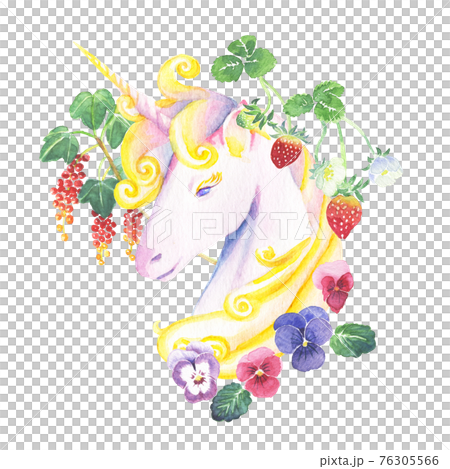 水彩画 魔法の森のベリーやお花に囲まれた神秘的なユニコーンのカットイラストのイラスト素材