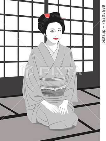 和室で正座し微笑む着物の女性イラストのイラスト素材