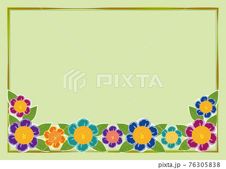 虹色の手書きの花と ラインフレーム くすみ緑色背景テンプレートのイラスト素材