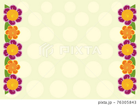 くすみカラーの紫とオレンジの手書きの花 大きな水玉イエローグリーン背景テンプレートのイラスト素材 くすみカラーの紫とオレンジの手書きの花 大きな水玉イエローグリーン背景テンプレートのイラスト素材