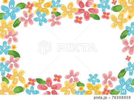 カラフルな水彩風の花フレーム 枠 装飾 春 夏のイラスト素材