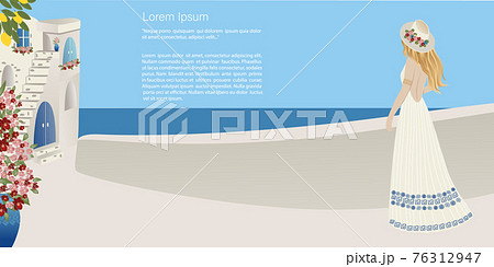 Travel concept. Girl tourist in the old town on the coast abstract place, village in Santorini, Spain, Greece and Italy. Banner, template for a website with text. Travel Vector illustrations and Travel concept. Girl tourist in the old town on the coast abstract place, village in Santorini, Spain, Greece and Italy. Banner, template for a website with text. Travel Vector illustrations and 76312947