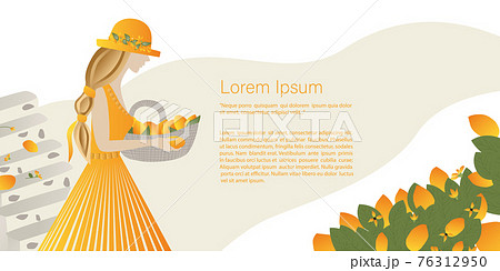 Sunny fruits, lemons, oranges concept. Beautiful girl collects lemons from the tree into a basket. Banner, template for a website with text. Travel Vector illustrations and .design Sunny fruits, lemons, oranges concept. Beautiful girl collects lemons from the tree into a basket. Banner, template for a website with text. Travel Vector illustrations and .design 76312950