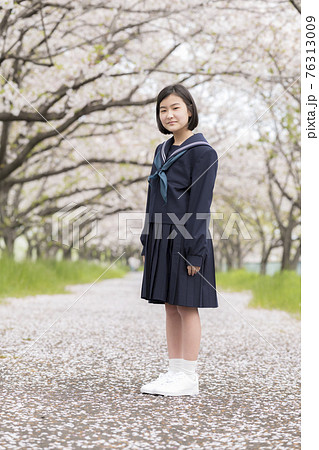 満開の桜並木と新入学の中学生 76313009