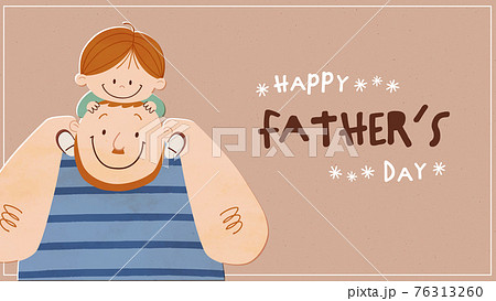 父の日向け背景素材 小さな男の子とお父さんが笑顔で肩車をしているイラストのイラスト素材
