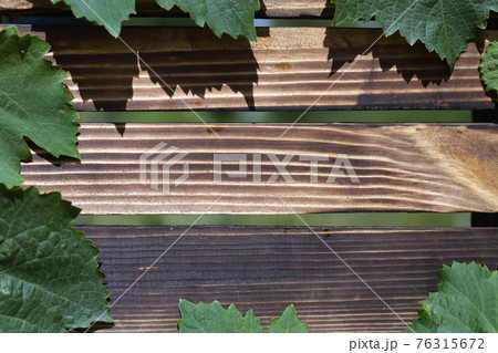 background with wooden boards arranged horizontally with decorative grape leaves at edges 76315672