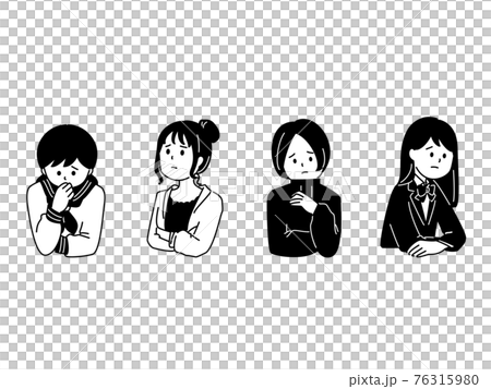 考え事をする女性 学生4人セットのイラスト素材 考え事をする女性 学生4人セットのイラスト素材