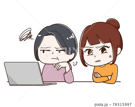 パソコンを前にイライラする女性2人のイラスト素材