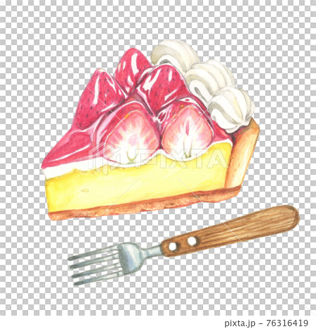 苺タルトケーキ フォーク付き【手描き水彩画】のイラスト素材