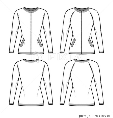 Set of Zip-up cardigans Sweater technical fashion illustration with rib crew neck, fitted body, knit trim, pockets 76316536
