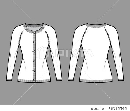 Round neck cardigan technical fashion illustration with long raglan sleeves, fitted body, hip length, knit rib cuff Flat 76316546