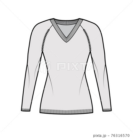 V-neck Sweater technical fashion illustration with long raglan sleeves, slim fit, thigh length, knit rib trim. jumper 76316570