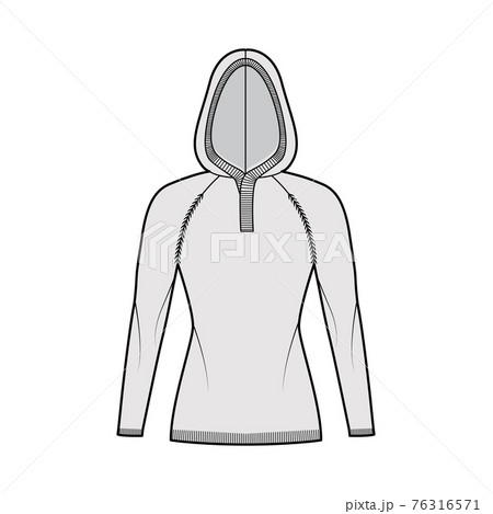 Hooded Sweater technical fashion illustration with rib henley neck, long raglan sleeves, slim fit, hip length, rib trim 76316571