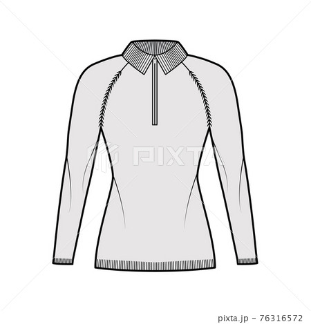 Zip-up Sweater technical fashion illustration with rib henley neck, long raglan sleeves, fitted body, hip length Zip-up Sweater technical fashion illustration with rib henley neck, long raglan sleeves, fitted body, hip length 76316572