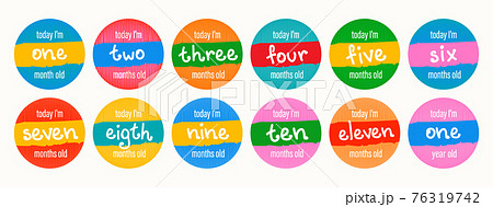 Set of vector lettering stickers today I'm 1, 2, 3, 4, 5, 6, 7, 8, 9, 10, 11, 12 months old. Happy birthday greeting card for baby under one year old. Colored handwritten illustrations. 76319742