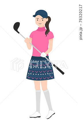 可愛いゴルフウェアを着た女性のイラスト ゴルフクラブを持って立っている若い女性 のイラスト素材