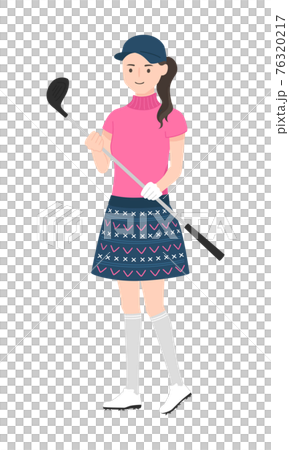 可愛いゴルフウェアを着た女性のイラスト ゴルフクラブを持って立っている若い女性 のイラスト素材
