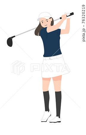 スポーツのゴルフのイラスト ゴルフクラブでスイングしてる若い女性 のイラスト素材