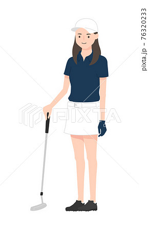 ゴルフウェアを着た女性のイラスト ゴルフクラブを持って立っている若い女性 のイラスト素材