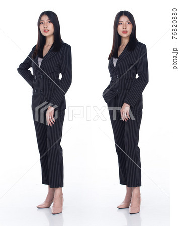 Asian Woman black hair stand 360 turn rear side back view isoalted 76320330
