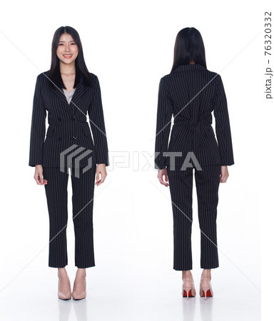 Asian Woman black hair stand 360 turn rear side back view isoalted 76320332