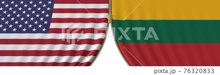 Flags of United States and Lithuania and closing or opening zipper between them. Political negotiations or interaction conceptual 3D rendering Flags of United States and Lithuania and closing or opening zipper between them. Political negotiations or interaction conceptual 3D rendering 76320833