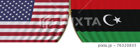 Flags of United States and Libya and closing or opening zipper between them. Political negotiations or interaction conceptual 3D rendering 76320835