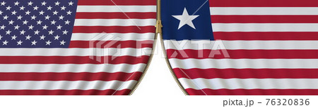 United States and Liberia cooperation or conflict, flags and closing or opening zipper between them. Conceptual 3D rendering 76320836